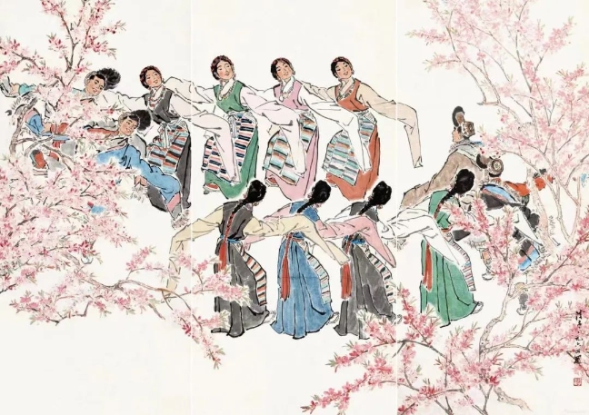 葉淺予高原之春紙本設色211cm×98cm、211cm×105cm、211cm×98cm1964年